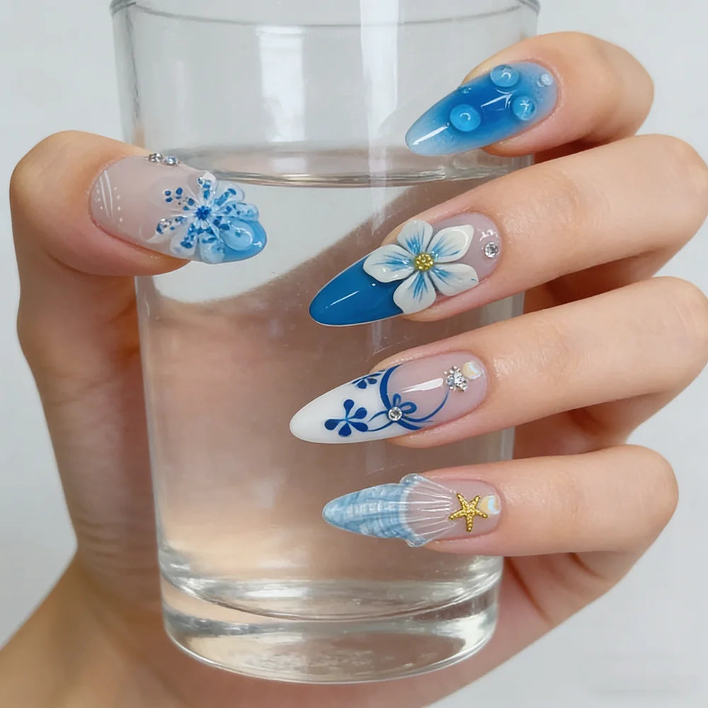 10Pcs Mid-length Almond Press on Nails 3D Leopard Print Gradient Blue Flower False Nails French Full Cover Fake Nails Tips