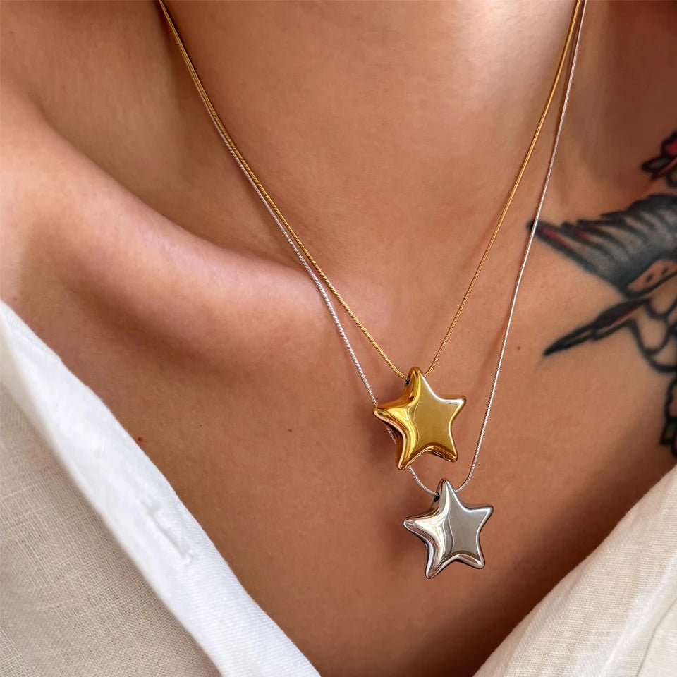 ZAKOL New Star Shaped Pendant Hanging Stainless Steel Necklace for Women Trendy Daily Versatile Jewelry