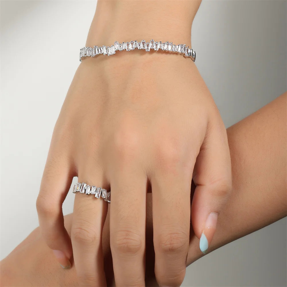 ZAKOL Fashion Adjustable Open Bangle Ring Wedding Jewelry Sets for Women Elegant Shiny AAA Cubic Zirconia Accessories Gift