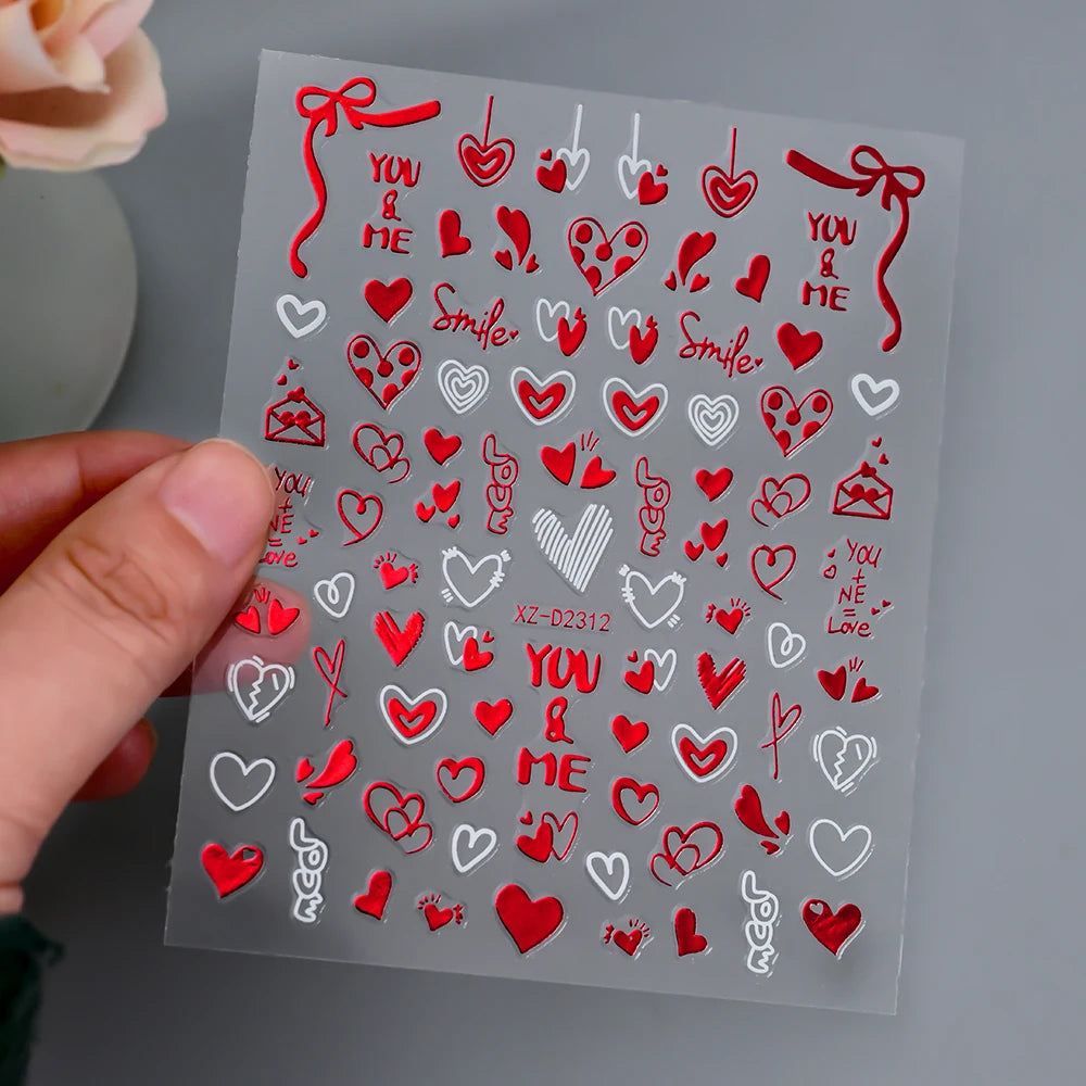 1Pc 3D Red Love Heart Nail Art Stickers Rose Flower Lip Self Adhesive Decals Valentine' Day Nail Sliders For Manicure Decoration