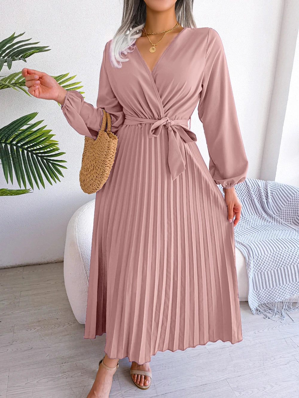 Women Elegant V Neck Long Sleeve Pleated Maxi Dress