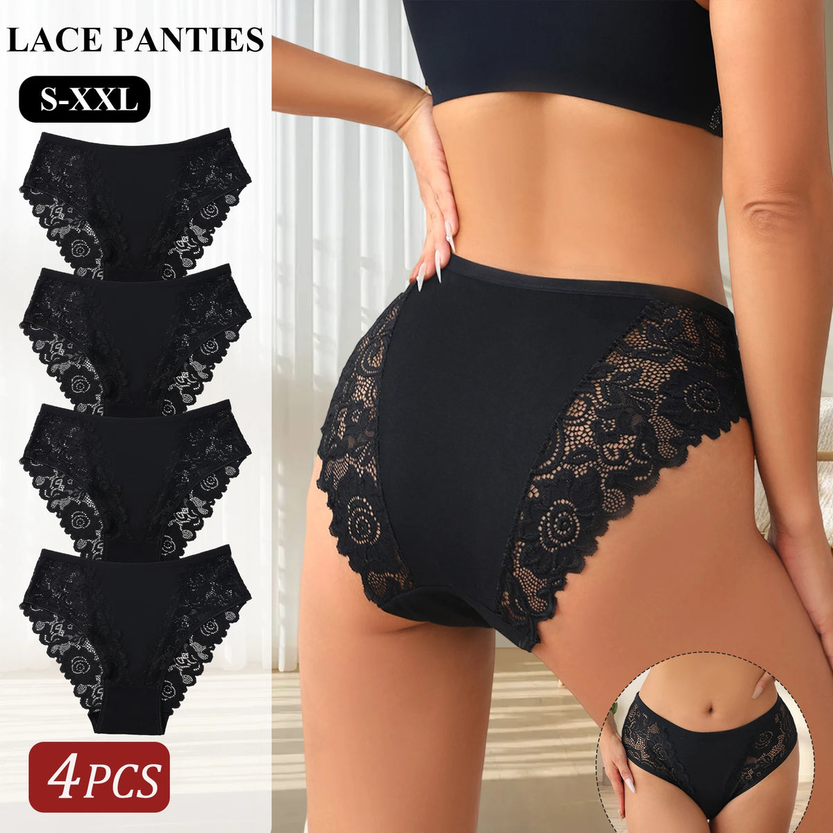 4PCS Black Lace Sexy Women's Underwear Elegant Lace Floral Cotton Splicing Panties Comfort Breathable Briefs Lingerie Everyday