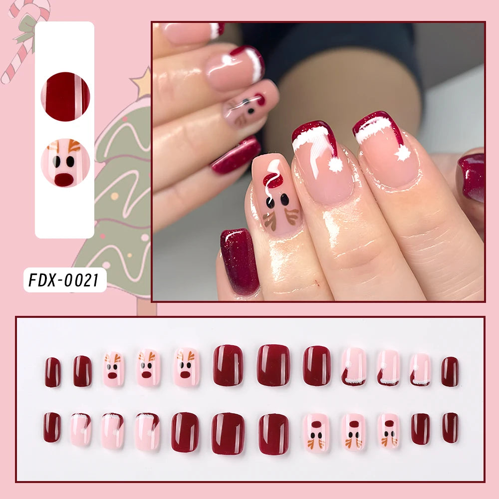 24Pcs Glitter powder French Christmas Fake Nails Almond Full Cover False Nails Snowflake with Bowknot Rhinestone Press On Nails