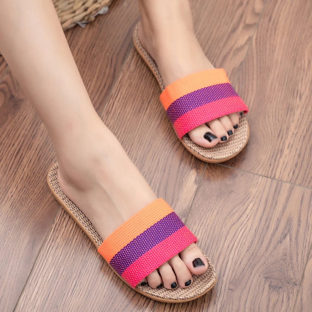 Summer Linen Flat Slippers for Women – Lightweight EVA Home Sandals | شباشب صيفية من الكتان للنساء – صنادل منزلية خفيفة من EVA
