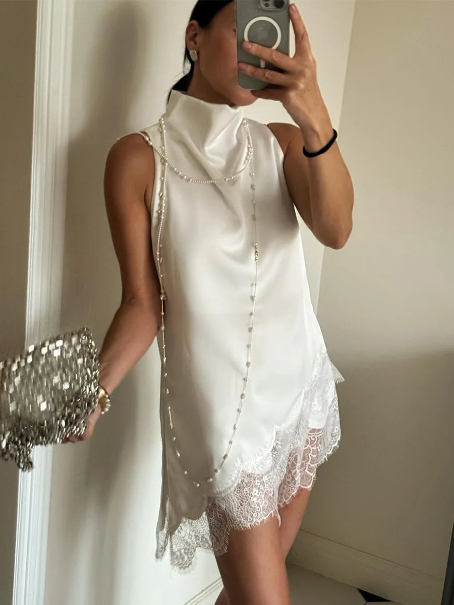 BKLD Fashion Lace Patchwork Turtleneck Vest 2026 Summer New Irregular Vest Satin Sleeveless Tops Streetwear Clothes For Women