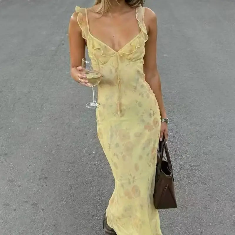 Elegant Summer Print Floral Dress Women V-neck Slim Ruffles Sleeveless Backless Long Dresses 2026 Beach Vacation Lady Vestidos
