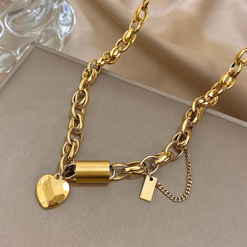 Flashbuy New Punk Chunky Gold Color Thick Chain Stainless Steel Necklace for Women Fashion Design Heart Love Pendant Jewelry