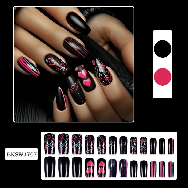 24PCS Black Medium Coffin False Nails Pink Heart Sweet Cool Stripes Press on Nails Full Cover Wearable Square Fake Nails Patches