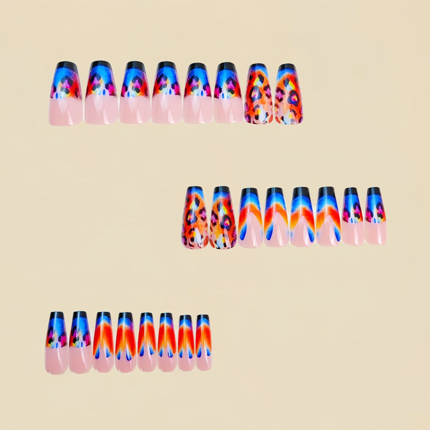 Medium fake nails for women girls gradient rose pink blue leopard print glossy Ballet shape full cover press on false nail art
