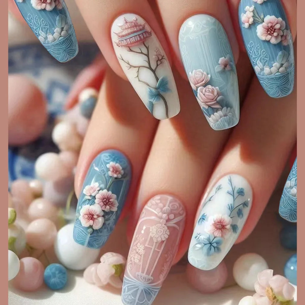 Medium long fake nails Blue pink flowers leaf for Spring summer ballet shape full cover reusable ABS Press-On Artificial Nails