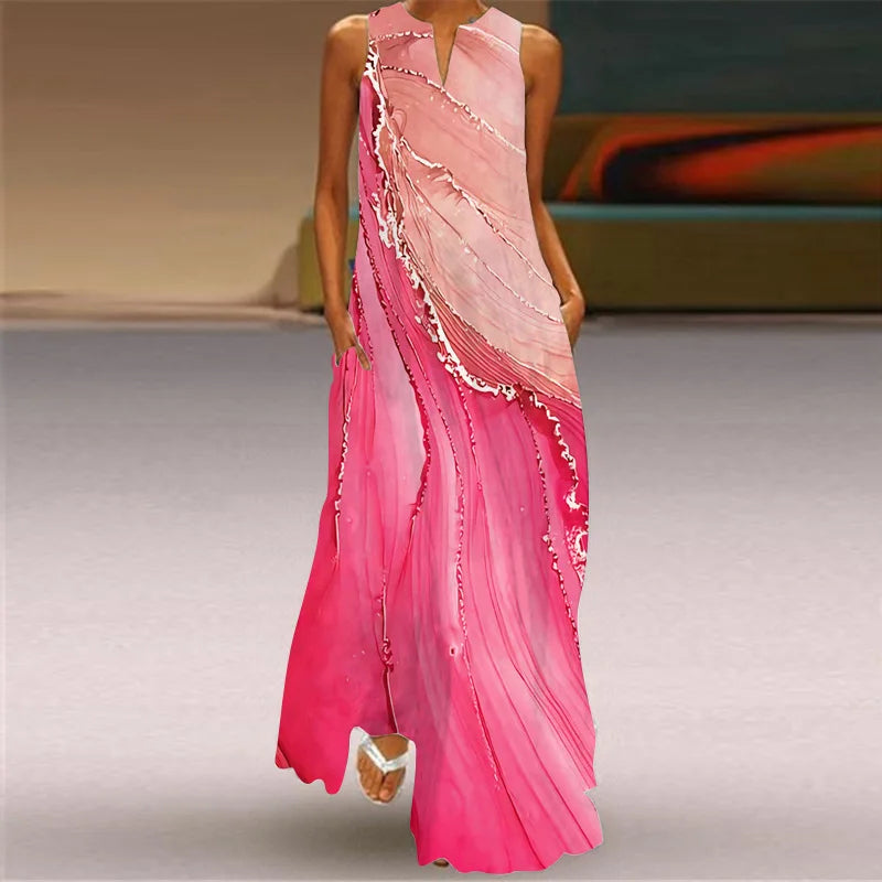 Summer Retro V-Neck Sleeveless Maxi Dress – Loose Artistic Print