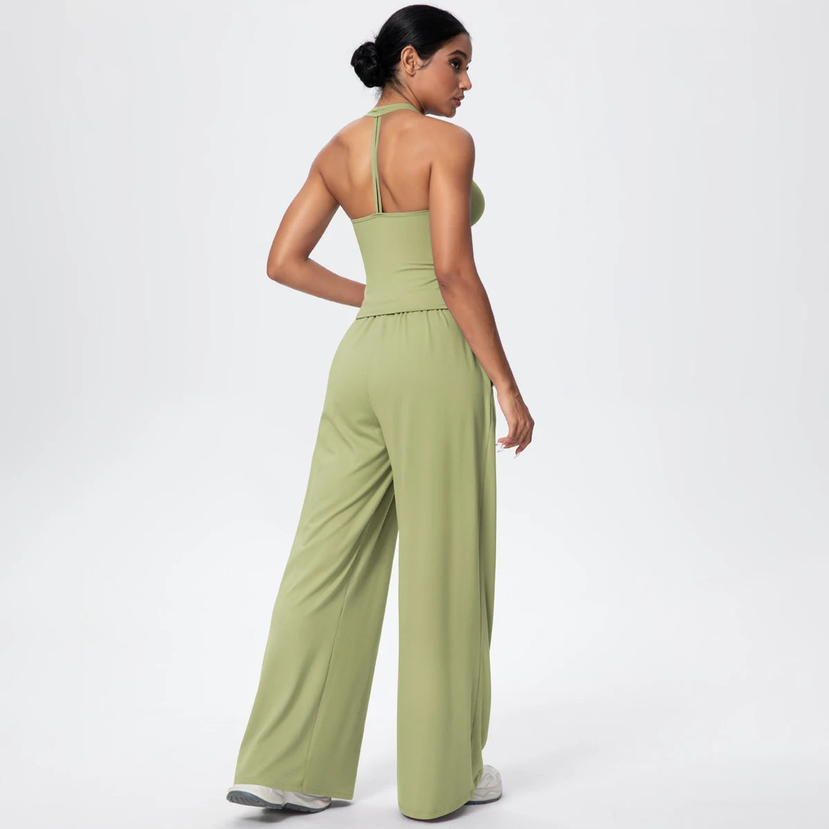 Breathable Loose Wide Leg Pants and Yoga Vest Set Solid Color High Stretch Pockets Pants Beautiful Back T-shaped Vest Yoga Suit