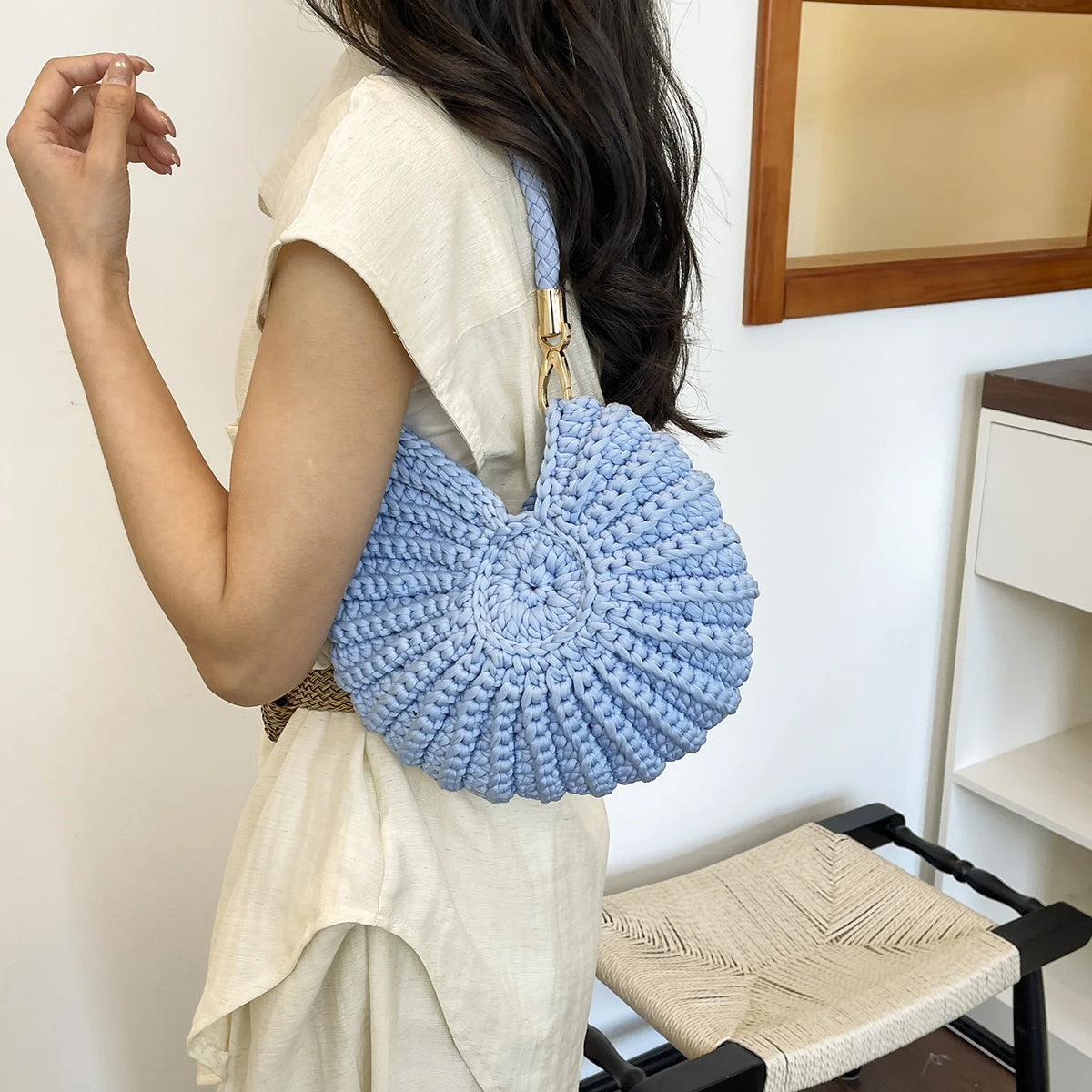 Handcrafted Shell Shaped Crossbody Bag Women's Beach Style Handbag City Simple Cotton Liner Soft round Shape Double Shoulder ...