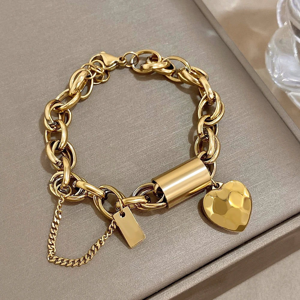 Women's Set Jewelry Stainless Steel Golden Thick Chain Heart Love Pendant Stainless Steel Necklace Bracelets Set Fashion Jewelry