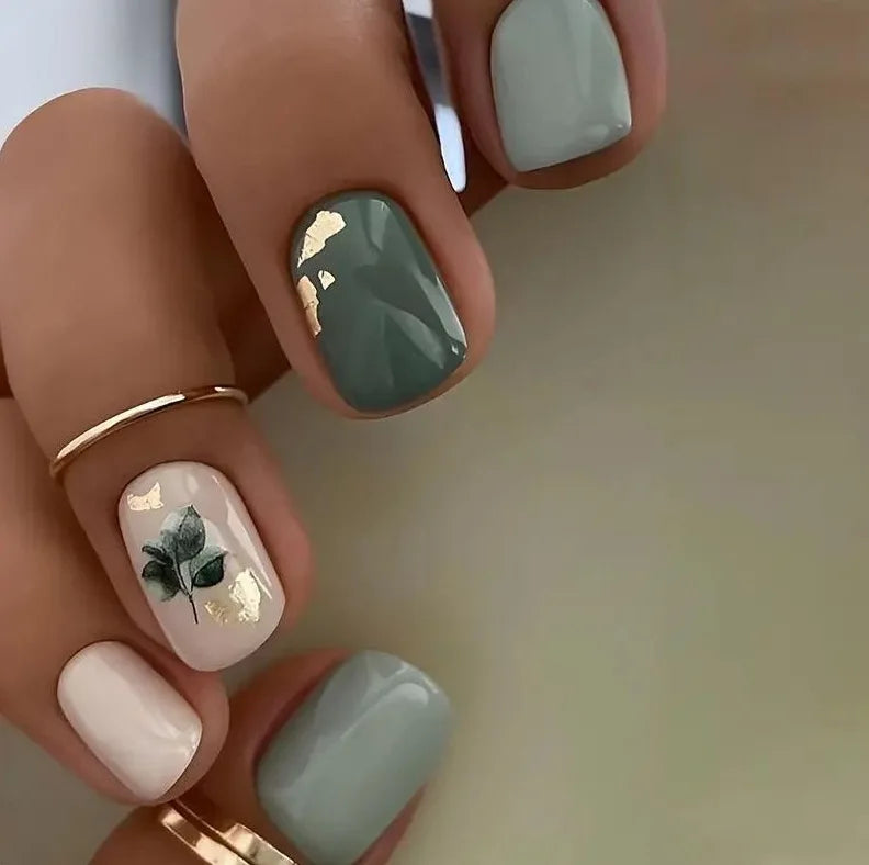 24pcs Fake Nail Green Dandelion Self-adhesive False Nails Finger Nails  for Gluing Nail Tips Nail Art Summer Press on Nails 2025
