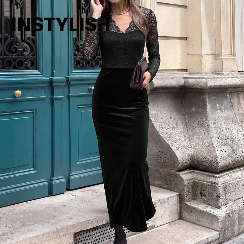 Women Velvet Maxi Dress Long Sleeve V Neck Lace Patchwork Bodycon Long Dress Elegant Evening Party Nightclub Slim Fit Dress