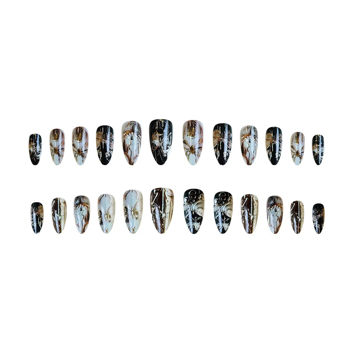 24pcs/set Medium long fake nails yellow dragon flowers feather design for Spring summer Square almond tips press on false nail
