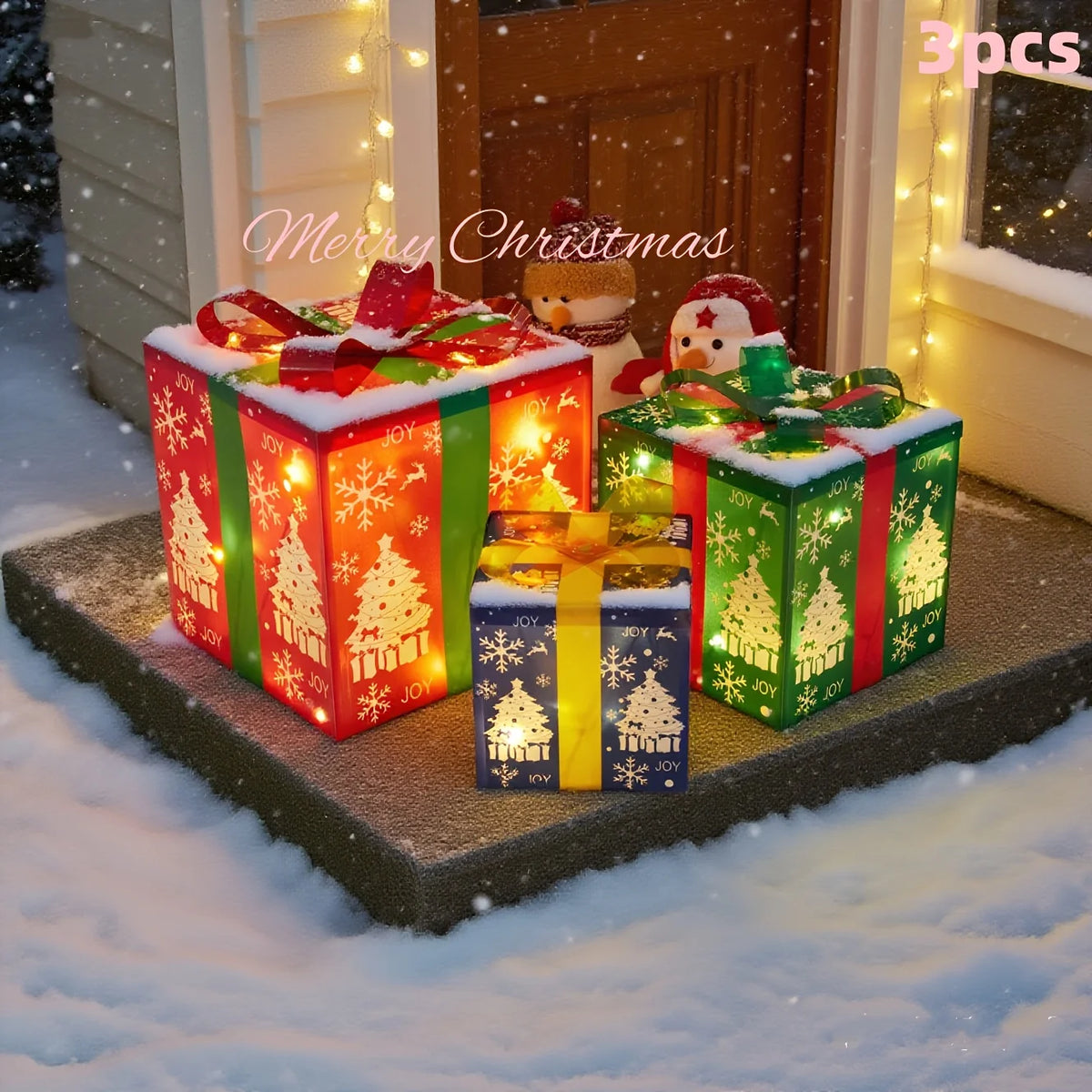3Pcs Christmas Lighted Gift Boxes LED Light-Up Present Boxes Christmas 3-Color Xmas Gift Boxes Christmas Tree Skirt Ornaments
