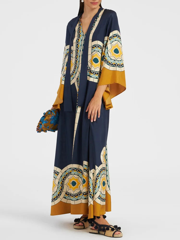 Elegant Stand Collar Printed Dress – High Waist Long Sleeve Casual Party Wear | فستان نسائي أنيق بطبعة وياقة عالية – خصر مرتفع وأكمام طويلة لإطلالة كاجوال أو حفلات