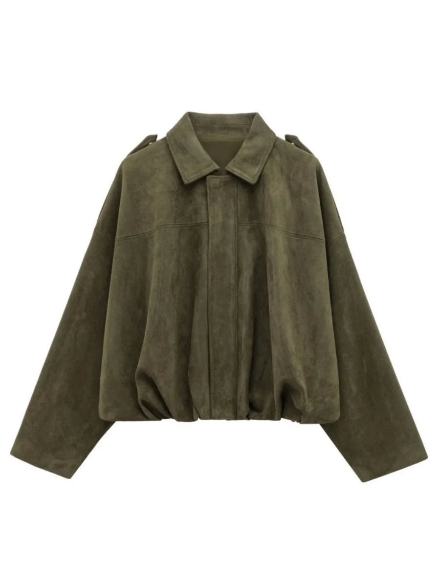 Vintage Suede Texture Bomber Jackets Women's Long Sleeve Loose Coats New Causal Autumn Winter Female Outerwear