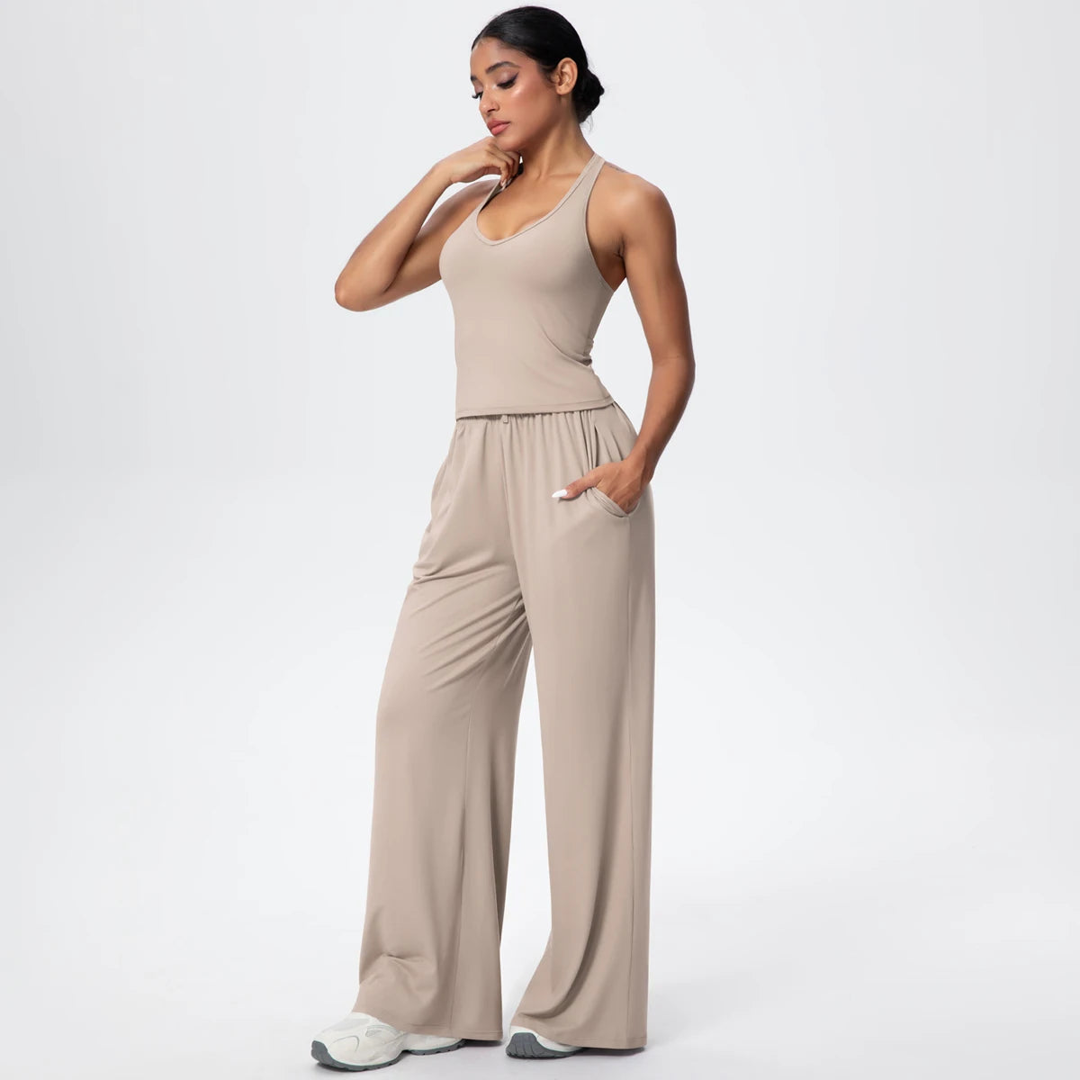 Breathable Loose Wide Leg Pants and Yoga Vest Set Solid Color High Stretch Pockets Pants Beautiful Back T-shaped Vest Yoga Suit