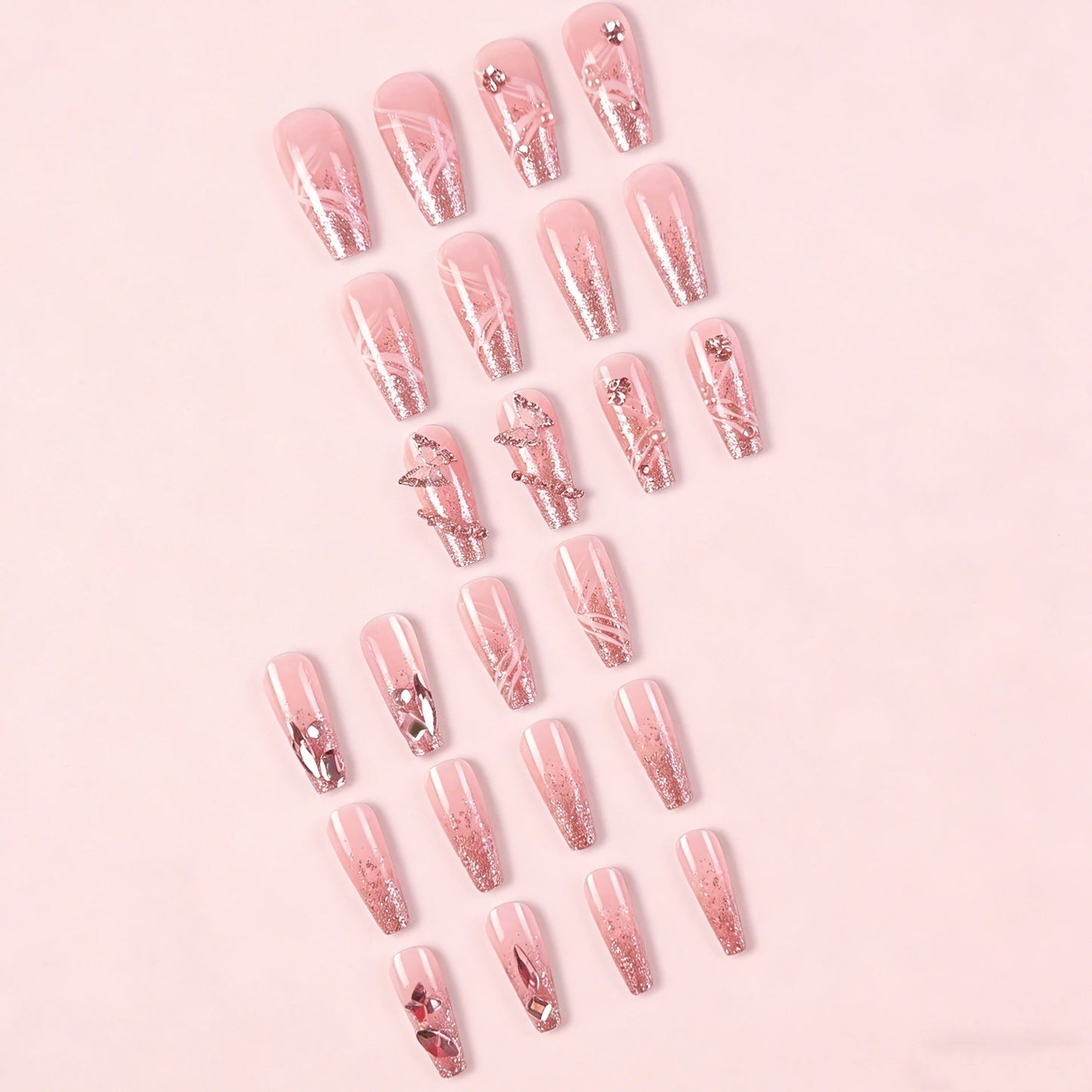 24Pcs Long Coffin Glitter False Nails Silver Butterfly Rhinestones Charm Design Wearable Press on Nails Full Cover Fake Nails