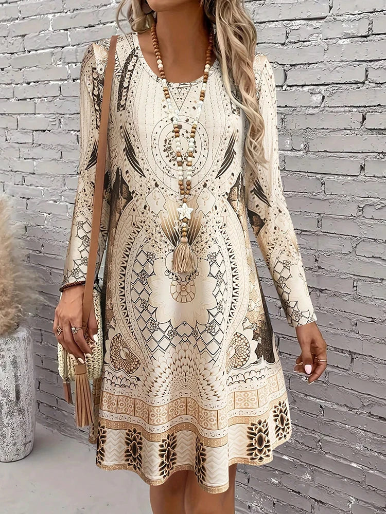 New printed long sleeved dress for spring women's casual round neck dress,casual fall dress, casual everyday sundress