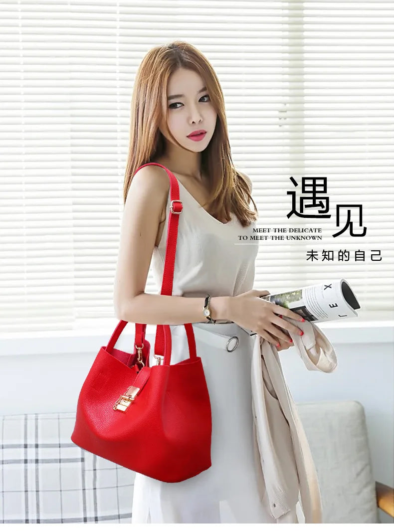 Women’s Large Capacity Shoulder & Crossbody Bag – Lychee Pattern PU Leather Bucket Style | حقيبة كتف وكروس نسائية كبيرة السعة – تصميم دلو من جلد صناعي بنقشة الليتشي