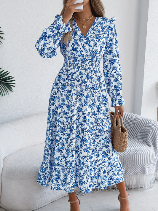 Elegant Floral Dress for Women 2026 Spring Summer Casual V Neck Flared Long Sleeve Ruffled Maxi Dress Fall Outfit Women Clothing