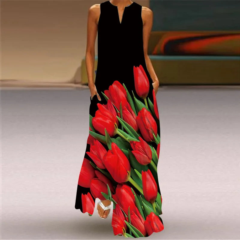 Summer Retro V-Neck Sleeveless Maxi Dress – Loose Artistic Print