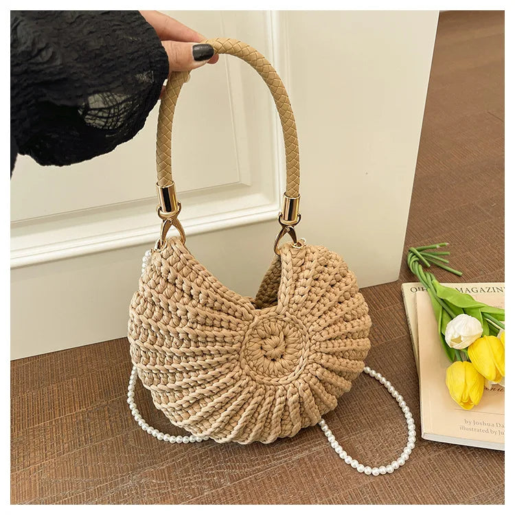 Handcrafted Shell Shaped Crossbody Bag Women's Beach Style Handbag City Simple Cotton Liner Soft round Shape Double Shoulder ...
