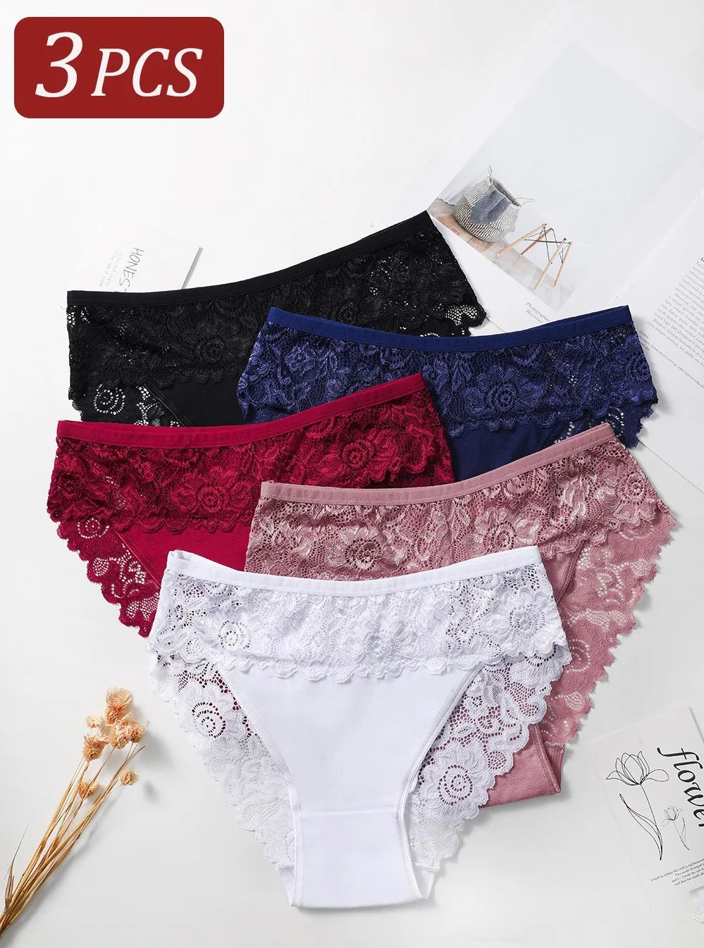 3PCS Women's Panties Sexy Hollow Out Flower Lace Cotton Splicing Briefs Comfort Lingerie Breathable Underpants Daily Wear