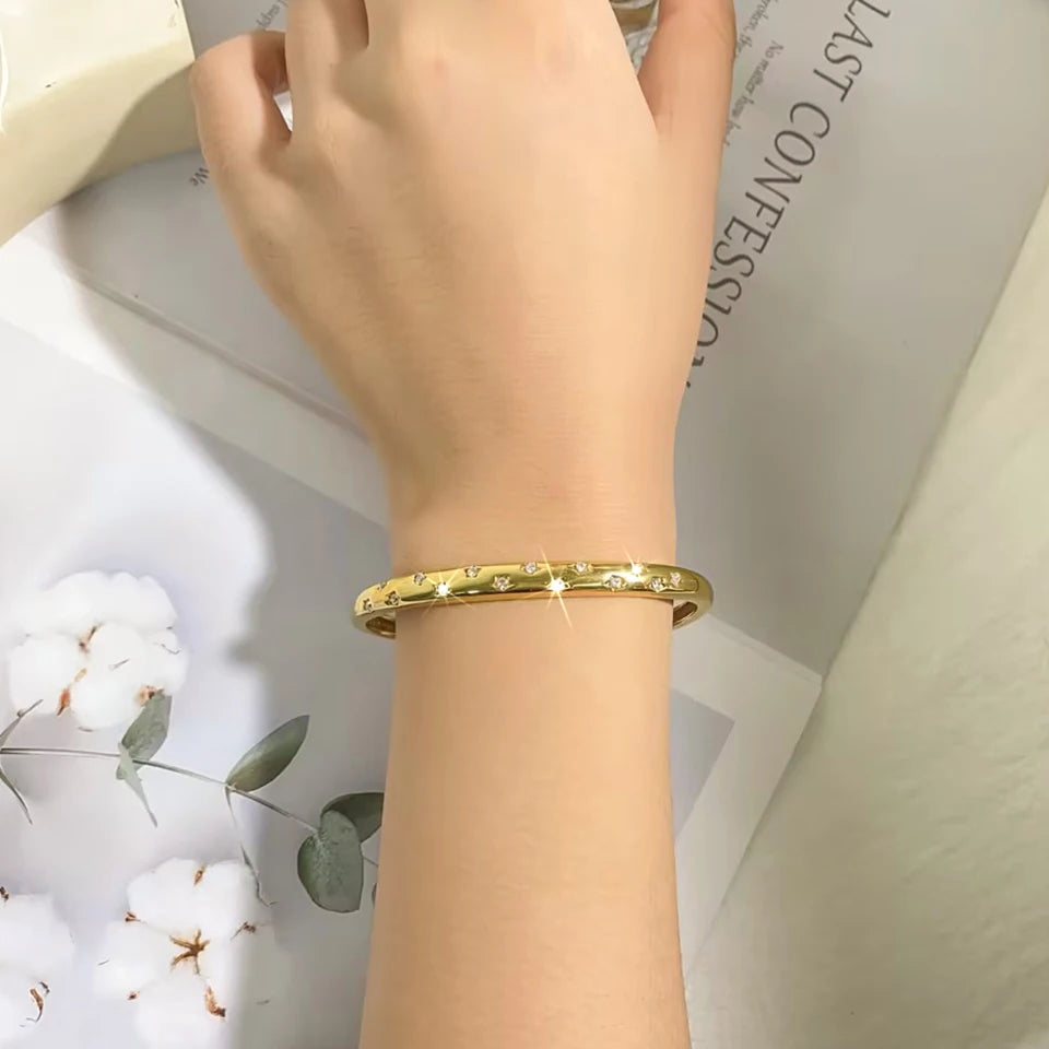 ZAKOL Trendy Stainless Steel Five-pointed Star Zircon Inlaid Open Bracelet Versatile Non Fading Cuff Bangles Jewelry Gift