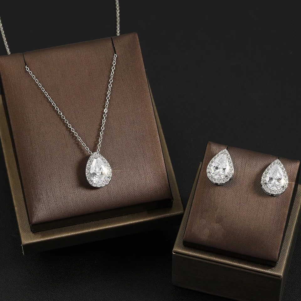 ZAKOL Classic Water Drop Zirconia Wedding Jewelry Set for Women Shiny AAA Cubic Zircon Earrings Necklace Jewelry Sets Gift