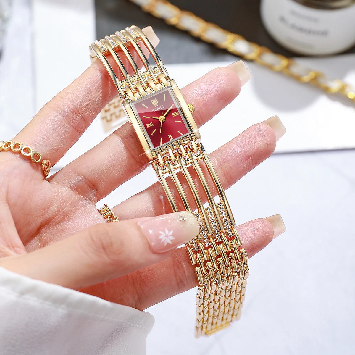 Luxury Gold Bracelet Strap Women Quartz Watch Rectangle Roman Dial Ladies Dress Wristwatches Clock Relogio Feminino（Without Box）