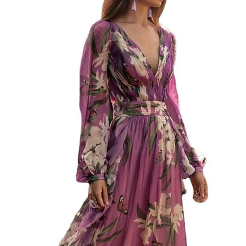 BKLD Flower Printed Long Sleeve V-Neck A-Line Dress 2026 Summer Woman Clothing Elegant Party Birthday Wedding Guest Dresses