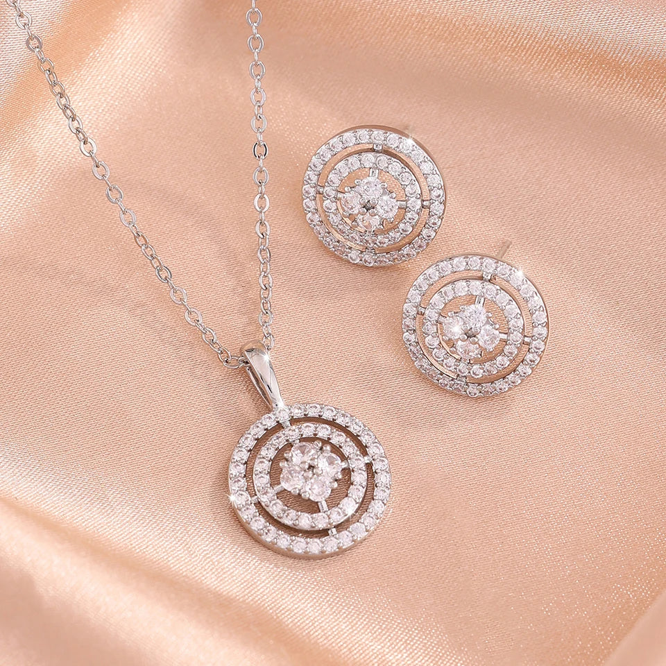 ZAKOL Minimalist Fashion Women Jewelry Set Round Cubic Zirconia Pendant Necklace Earrings Bridal Wedding Accessories