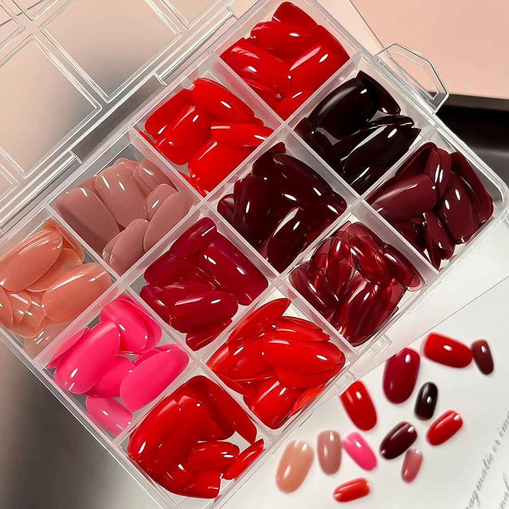 288Pcs Short Almond Full Cover Fake Nail Tips Extensions Red/Nude/Pink Stiletto False Nails for Women DIY Wearable Press on Nail