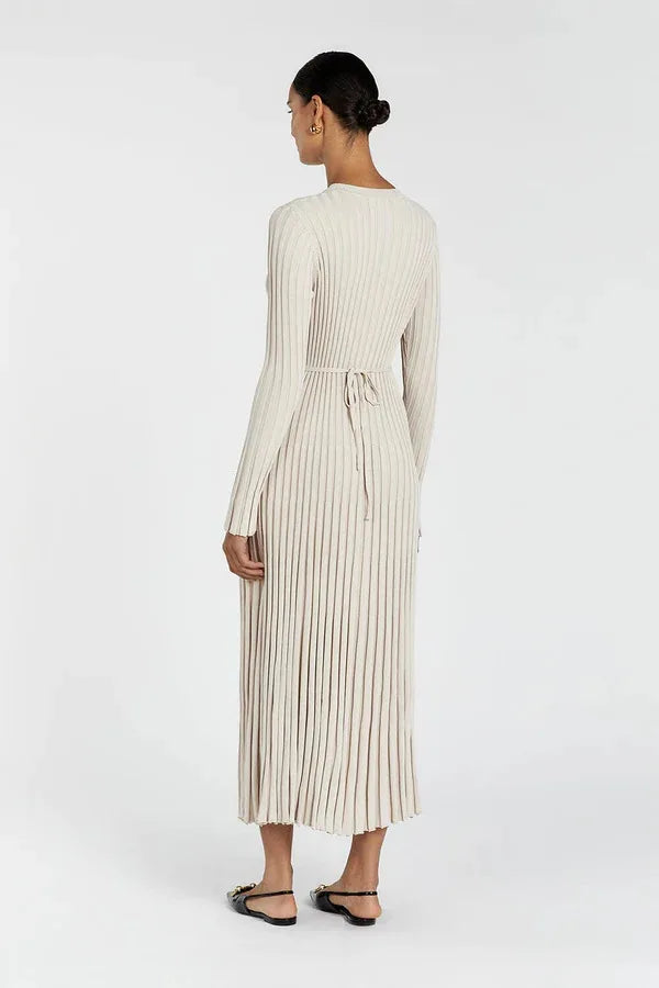 Vintage Lace-Up Female Knit Maxi Dress Elegant High Waist Patchwork Long Sleeve Loose Solid Dress Bodycon Knitwear Basic Dresses