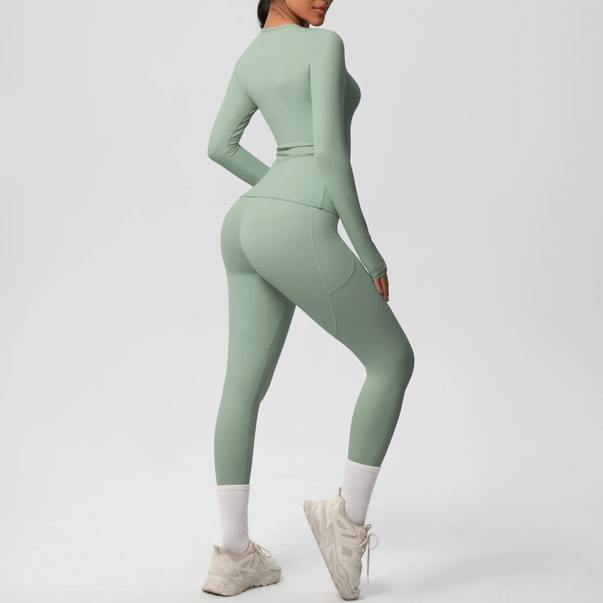 Summer 2PCS Women's Yoga Suit Solid Color High Stretch Slim Casual Long Sleeves Quick Drying Push Up Women Pockets Pants Set