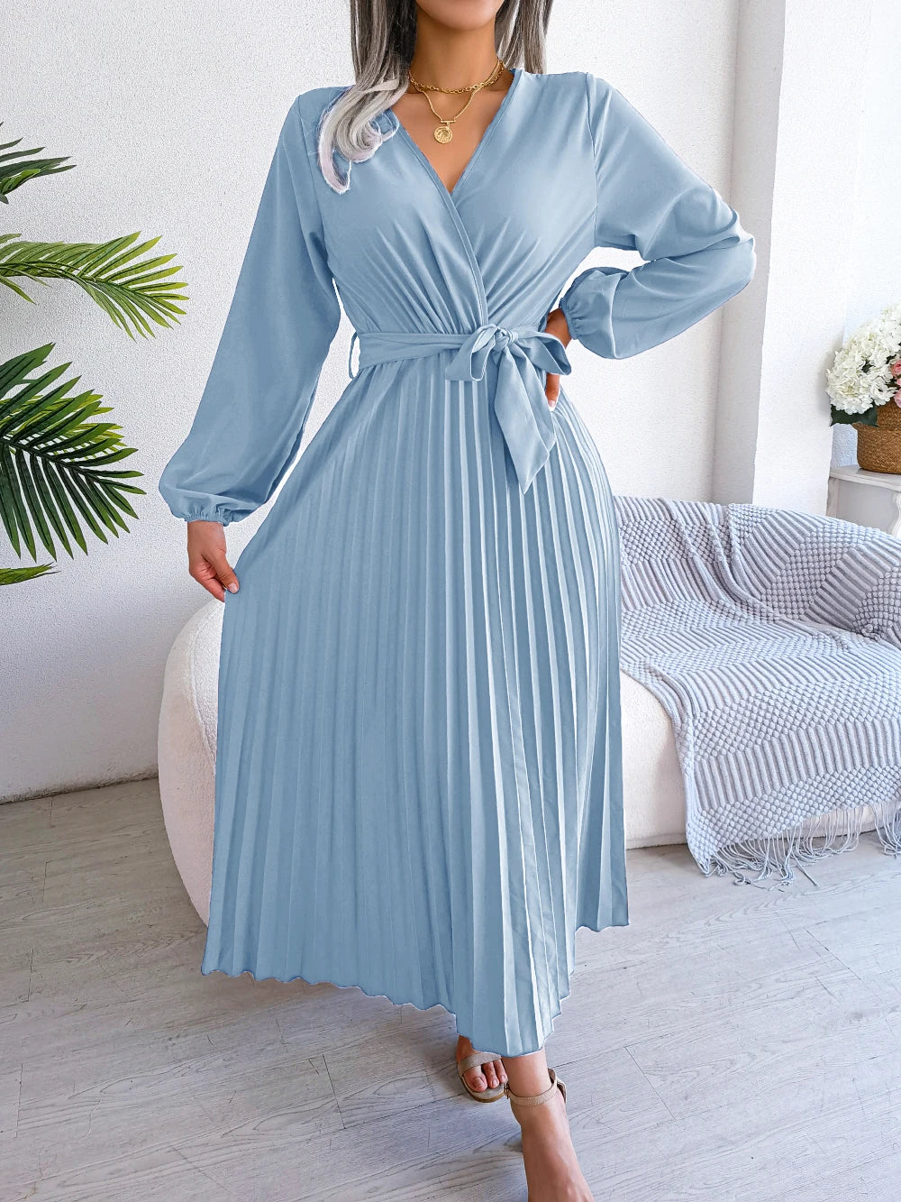 Women Elegant V Neck Long Sleeve Pleated Maxi Dress