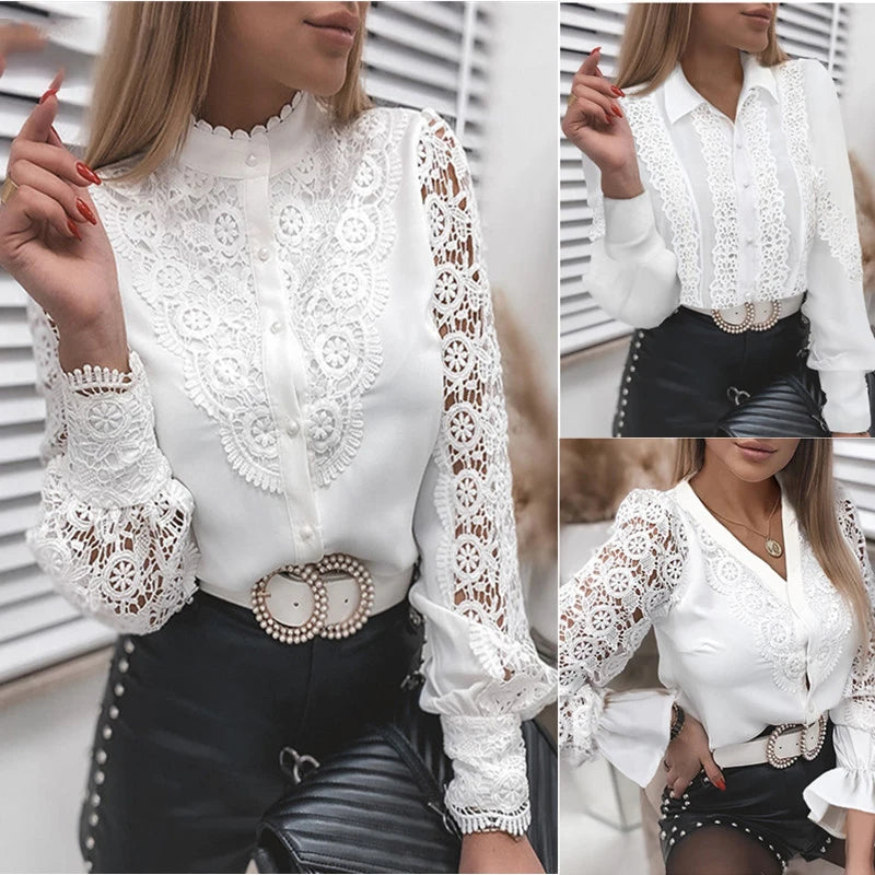 Summer Floral Embroidery Lace Blouse Fashion Women V Neck Casual Shirt Elegant Chic Short Sleeve Hollow Out Tops Elegant Blusas