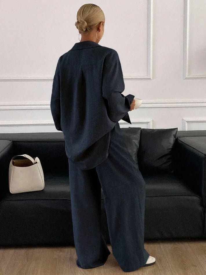 2026 New Women Linen Two Piece Outfit Set Lapel Long Sleeve Button Shirts Elastic Waist Wide Leg Pants Casual Loose Home Suit