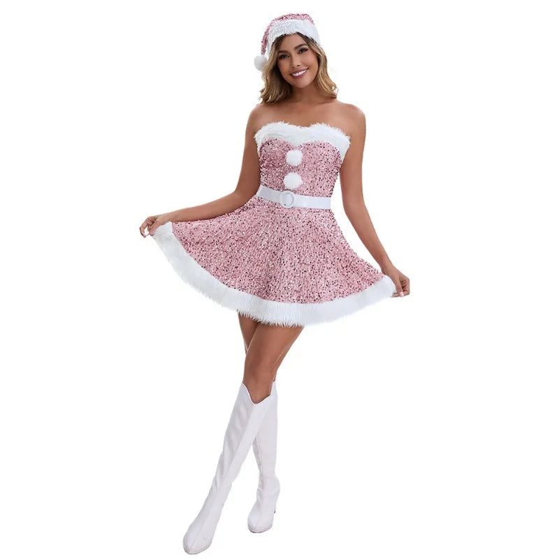 Christmas Atmosphere New Year's Robe Women's Christmas Dress Pink Red Sequined Dress Plush