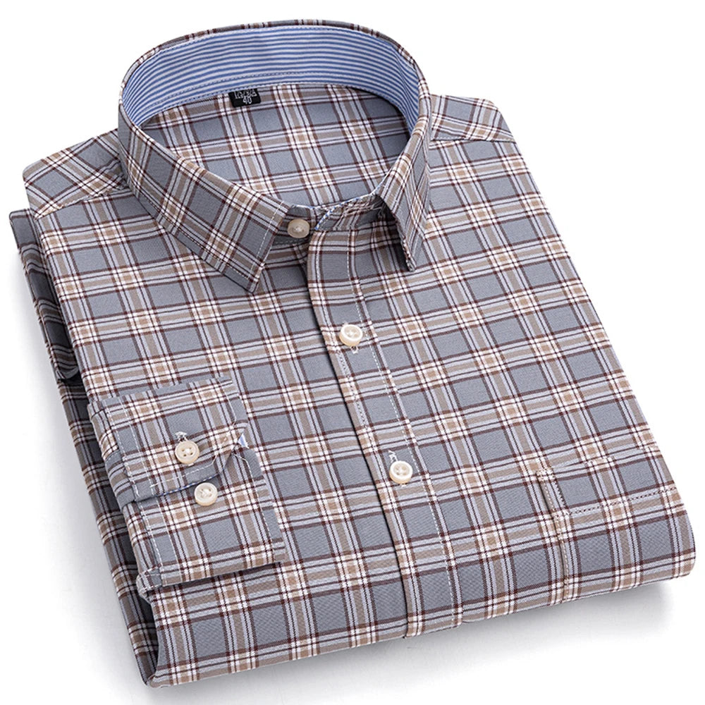 Men's 100% Cotton Contrast Plaid Long Sleeve Oxford Button-Down Shirt with Pocket, Breathable Comfort Regular Fit Casual Wear