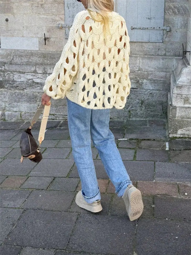 BKLD Ladies' Casual Solid Color Leisure Vacation Beach Hollow Out Crochet Long Sleeve Sweater Pullovers Knitted Tops Women