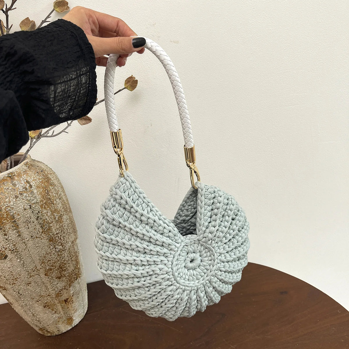 Handcrafted Shell Shaped Crossbody Bag Women's Beach Style Handbag City Simple Cotton Liner Soft round Shape Double Shoulder ...