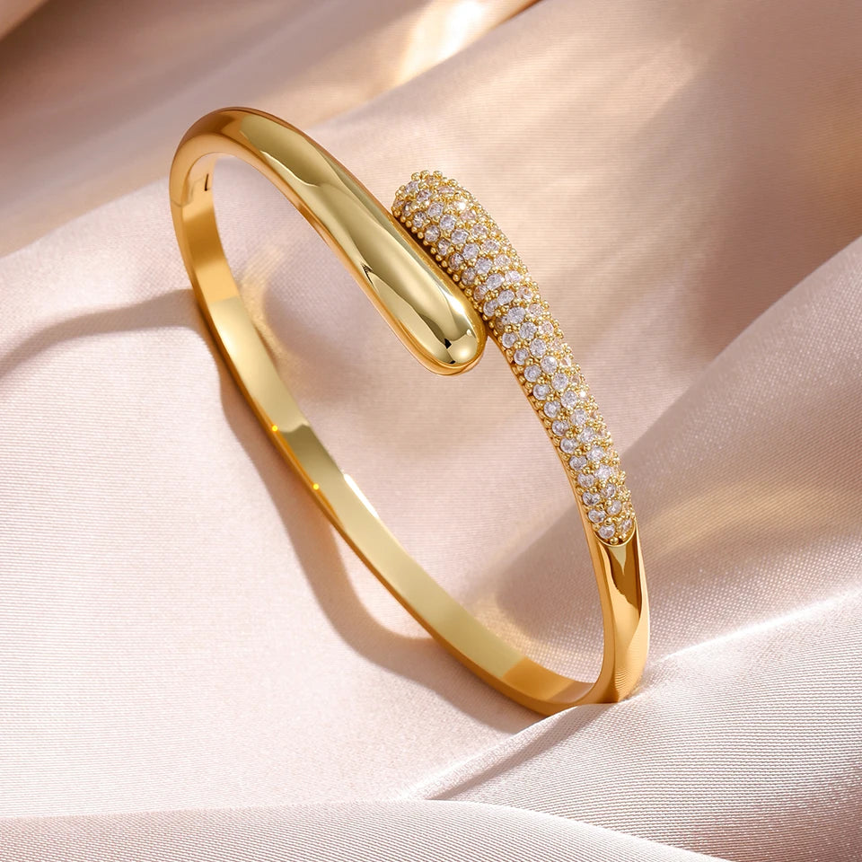 ZAKOL 3Pcs/Set Micro-inlaid Zircon Water Drop Open Bracelet Ring Earrings Set for Women Luxury Wedding Party Jewelry Sets