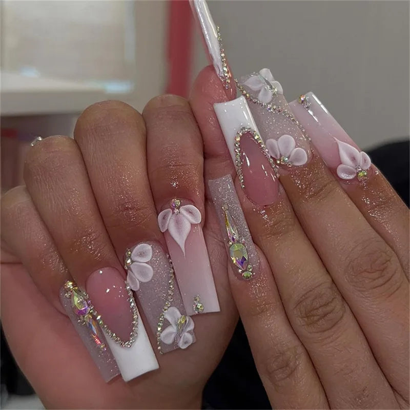 24pcs Green French Fake Nail Spring Summer Long Square Press on Nails Woman with Flower Design False Nail Sets Wearable Manicure