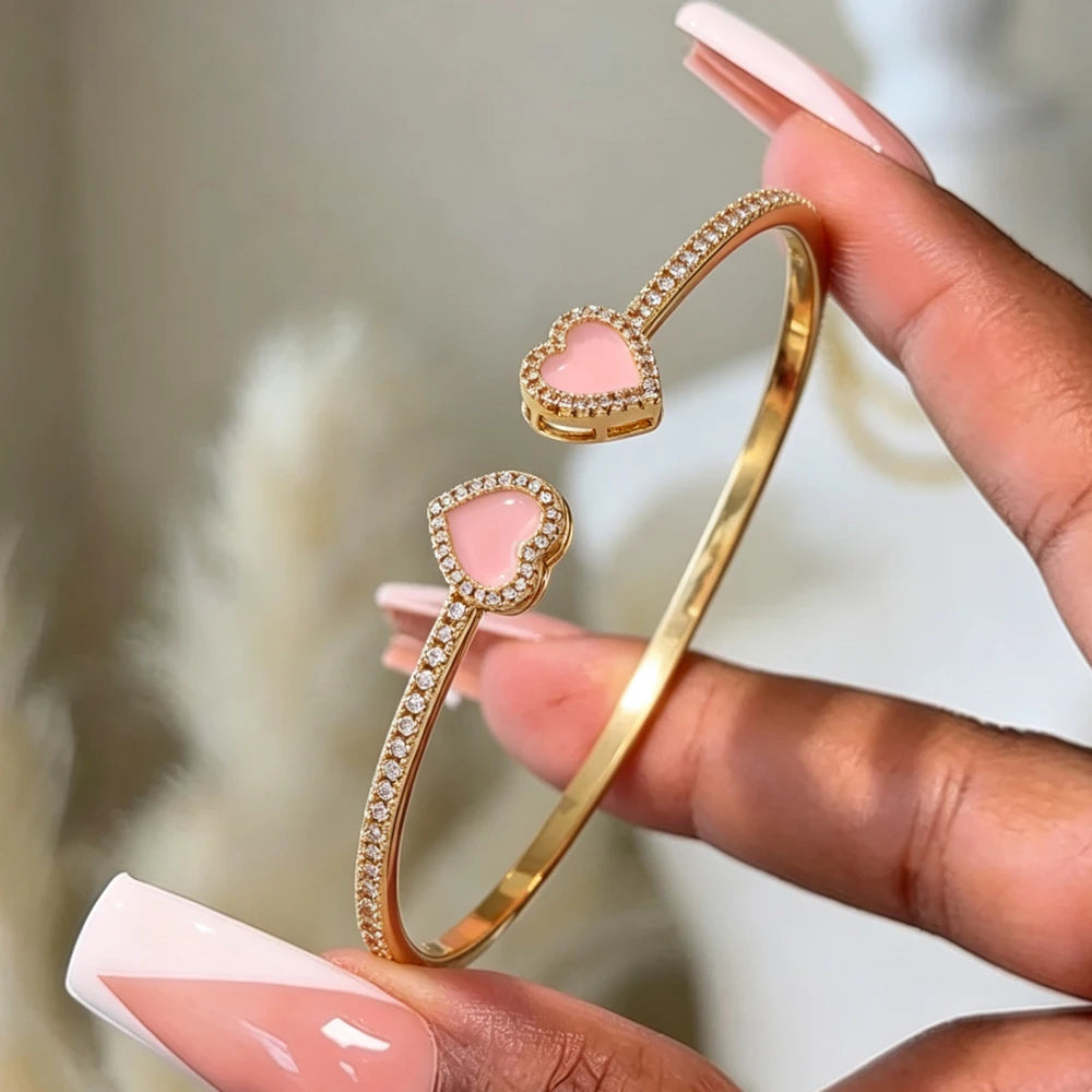 ZAKOL 4 Styles Pink Enamel Zircon Inlaid Heart Stainless Steel Copper Bracelets for Women Sweet Versatile Everyday Accessories
